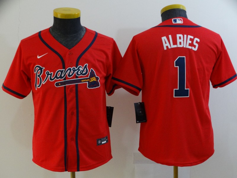 2021 Youth Atlanta Braves #1 Albies red Game MLB Jerseys